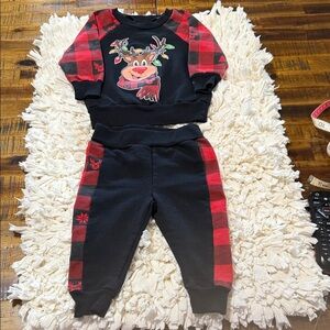 Look Rebels Black and Red Plaid Reindeer Sweatshirt and pants Set 12 Months